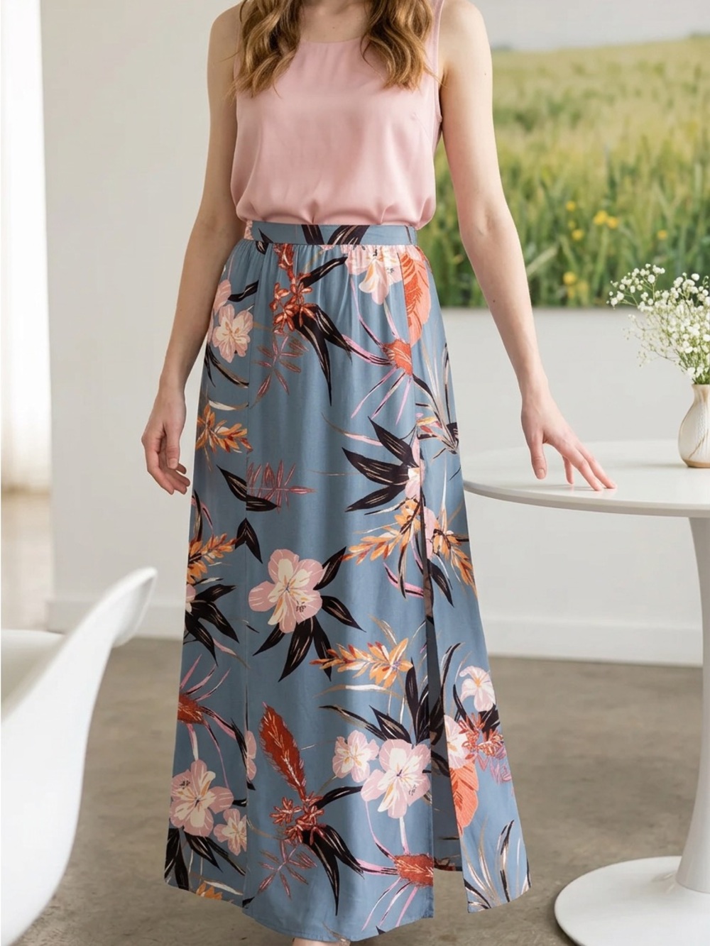 Patrons of Peace Women’s XS Skirt Blue Tropical Floral High Slit Front Maxi